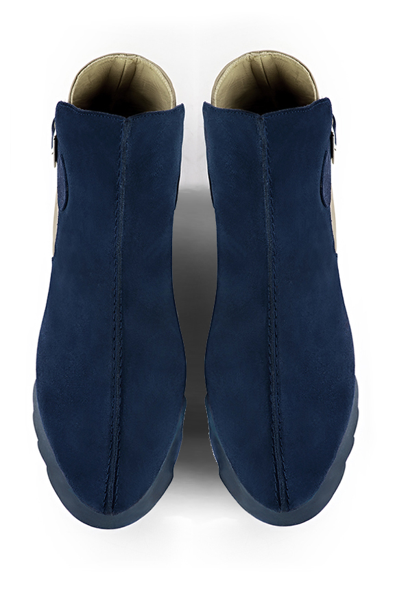 Women's navy blue and bronze beige elegant ankle boots, with buckles at the back. Round toe. Thick rubber soles - Top view